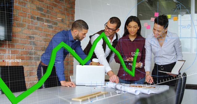 Diverse team of professionals analyzing data and presenting a growth chart in a modern office. Ideal for illustrating business meetings, financial planning, teamwork, business growth, and professional collaboration contexts.