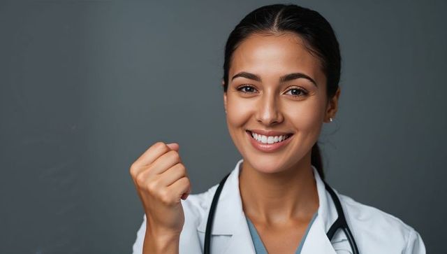 Smiling female doctor wearing white coat and stethoscope celebrating success with fist