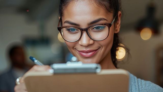 Smiling woman writing on clipboard while working at cafe with eyeglasses close-up