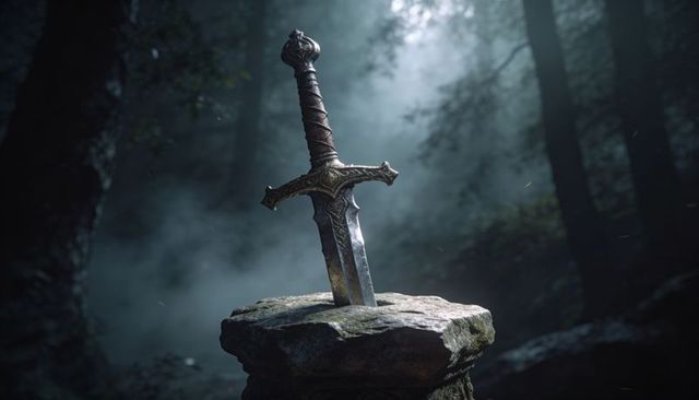 Standing ornate medieval longsword in mossy stone pedestal at misty forest glade