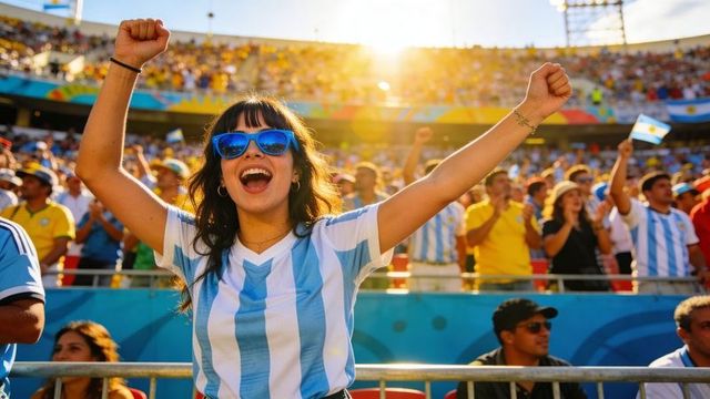 Female argentina football fan cheering with arms raised in sunny stadium wearing jersey and sunglass