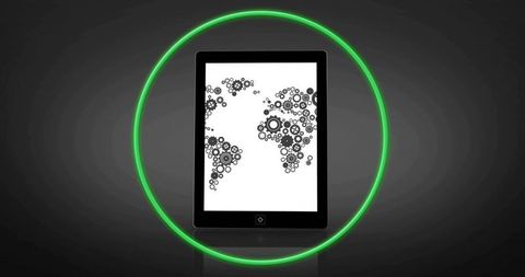 Glossy Tablet Displaying Gear-Shaped World Map Inside Neon Green Ring for Global Tech