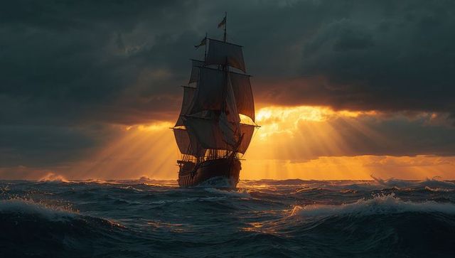 Majestic sailing ship navigating sunset waves