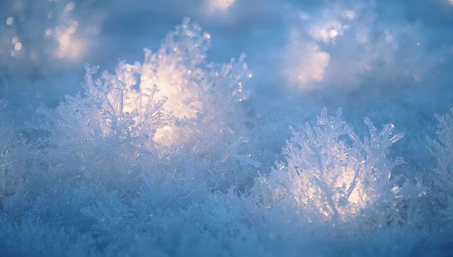 Glowing hoar frost clusters revealing dendritic ice crystals with warm backlight