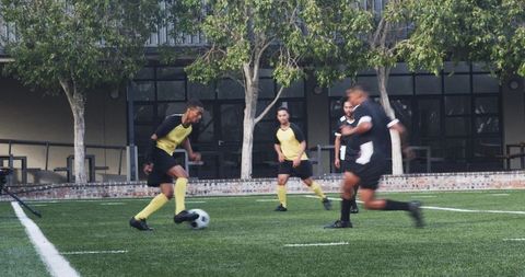 Intense soccer match highlighting teamwork on field