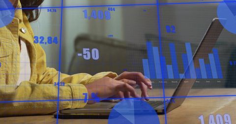 Digital data insights over woman typing on laptop