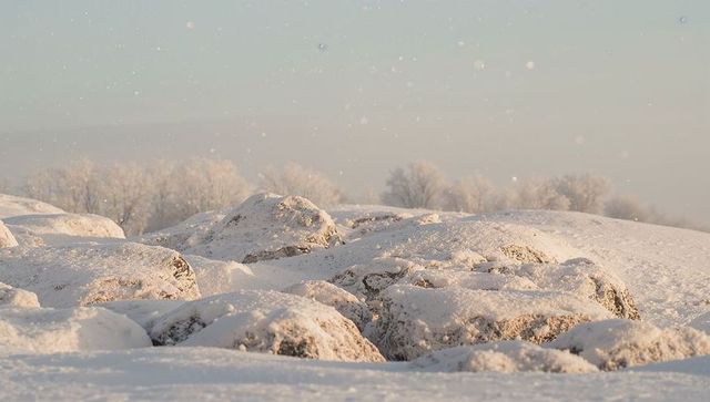 Snow-Covered Boulders at Golden Hour with Falling Snowflakes and Pastel Winter Horizon