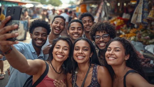 Diverse Group Friends Taking Selfie at Vibrant Street Market