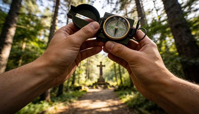 Aligning brass compass on forest trail pointing toward distant stone cross monument