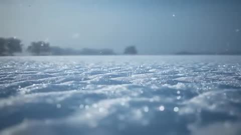 Slow-Motion Close-Up Snow Surface in Winter Field with Falling Crystals and Soft Bokeh
