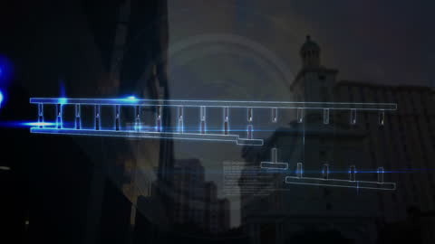 Digital DNA Strand Animation Over Urban Skyline