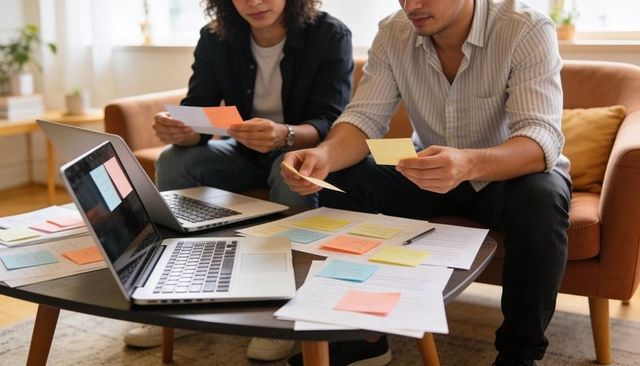 Two colleagues brainstorming with sticky notes, laptops and documents in casual home office