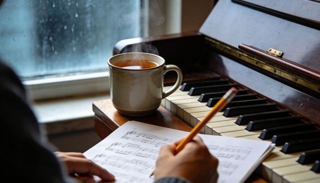 Pianist marking sheet music by rainy window with steaming mug on vintage piano keys