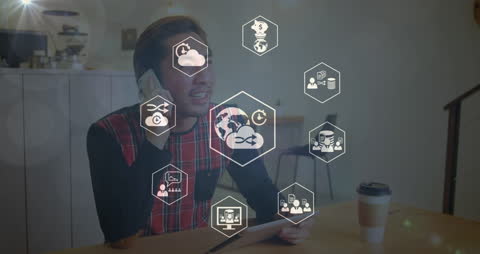 Young Man Using Smartphone with Virtual Cloud Technology Icons