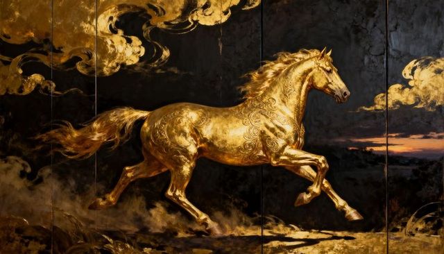 Galloping gilded horse with ornate filigree on multi-panel gold cloud screen dramatic sunset