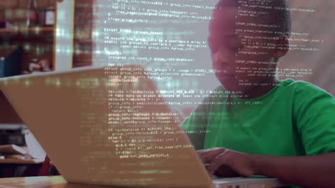 Child Coding on Laptop with Digital Data Overlay