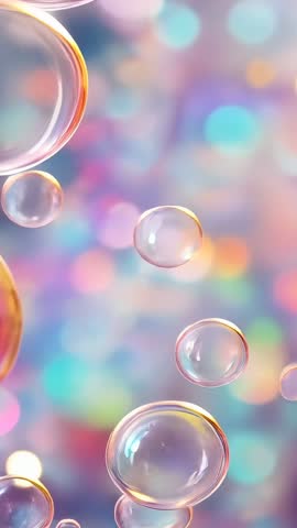 Vertical video zooming into pastel bokeh with iridescent soap bubbles rising and drifting