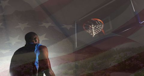 Afro-American Basketball Player Practicing with American Flag Overlay