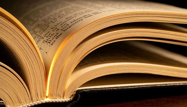 Warm-lit open hardcover book with fanned yellowed pages and antique binding macro detail