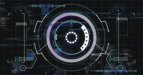 Rotating HUD interface with concentric rings, data panels, code overlays and circuitry grid
