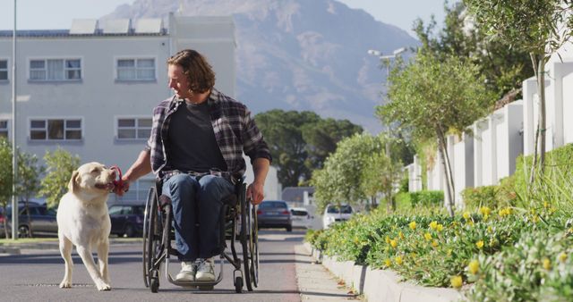 Man in wheelchair walking Labrador Retriever dog on sunny residential street with mountains in background. Image can be used in contexts of disability inclusion, pet care, physical independence, and outdoor activities. Suitable for advertising mobility aids, pet products, or community living.