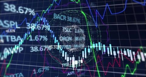 Candlestick market dashboard with wireframe globe and neural network data visualization