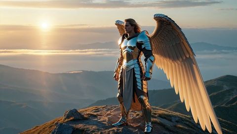 Majestic Armored Angelic Warrior on Sunrise Summit