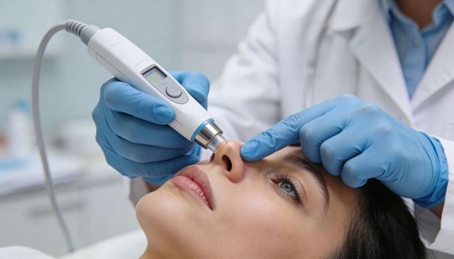 Clinician performing noninvasive nasal and facial resurfacing with handheld device