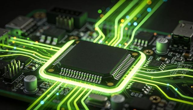 Neon-glowing microchip on circuit board with dynamic green data traces and tech aura