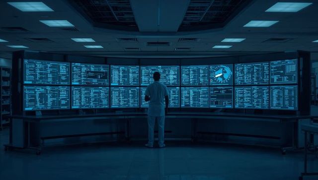 Clinician monitoring curved data wall with blue clinical dashboards and vital analytics