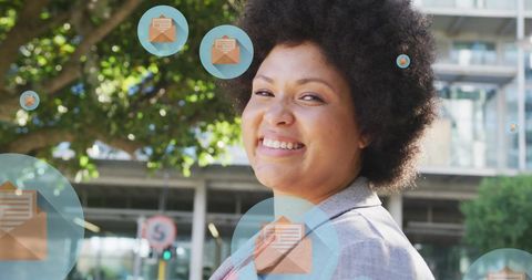 joyful woman outdoors with digital message overlays - Download Free Stock Images Pikwizard.com