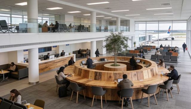 Modern airport lounge with circular coworking hub, runway views and daylight