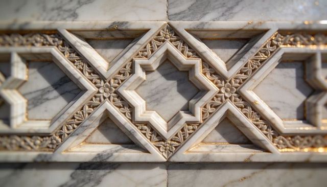 Ornate marble frieze featuring eight-pointed star, gilded carved ornament and symmetry
