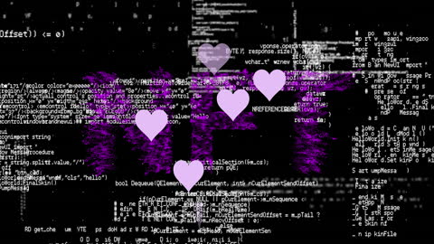Abstract Overlay of Heart Icons on Digital Code