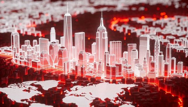 Futuristic neon wireframe city rising from world map with red glowing grid