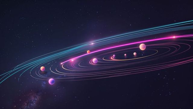 Futuristic Neon Planets Orbiting Luminous Star in Digital Space