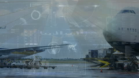 Digital Interface Overlay on Airplane at Airport