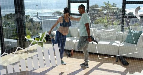 Expectant woman stretching with partner in modern coastal home gym with ar prenatal overlays