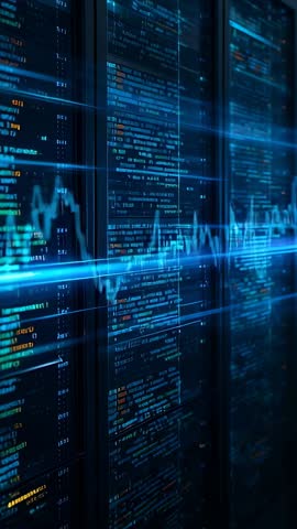 Scanning code panels, blue waveform sweeping across server racks, data visualization vertical video