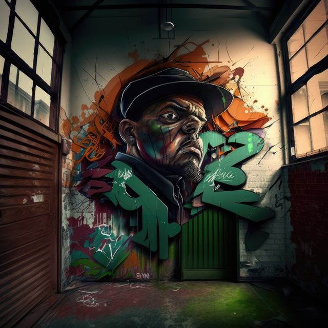 Wall covered in graffiti of african american man created using generative ai technology. Graffiti, urban art and colour concept digitally generated image.