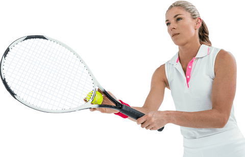 Focused female tennis player with transparent background