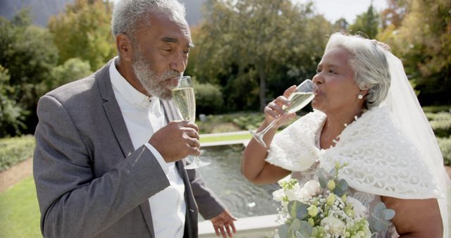 Elderly couple in wedding attire celebrating with champagne - Download Free Stock Images Pikwizard.com