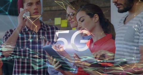 Team Collaborating with Futuristic 5G Technology Concept