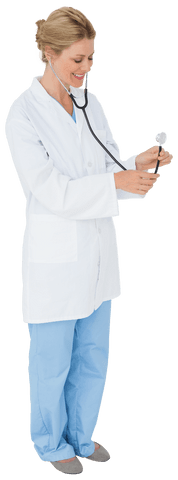 Transparent young female doctor using a stethoscope on neutral background