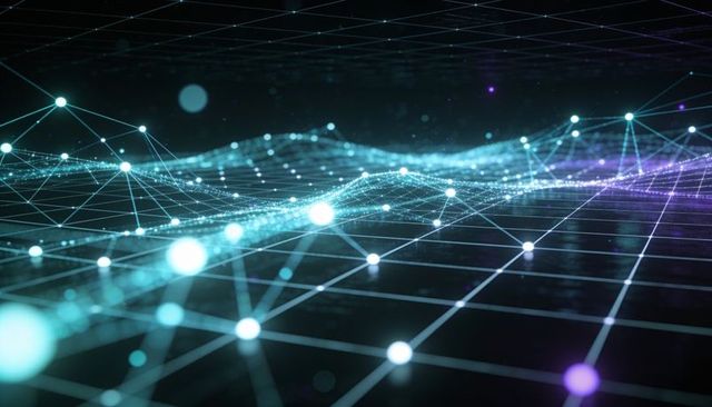 Undulating neon data grid showing glowing nodes and connected mesh network