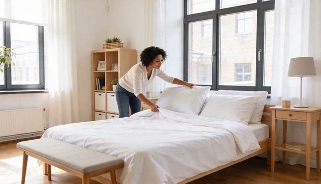 Woman making bed and arranging pillows in sunlit minimalist bedroom with wooden furnishings
