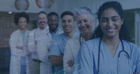 Diverse Healthcare Team with Data Analytics Overlay in Medical Environment