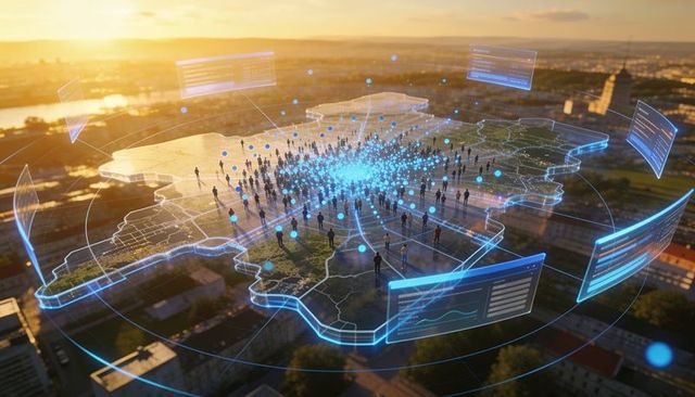 Holographic 3d urban network map showing crowd density, connectivity and analytics