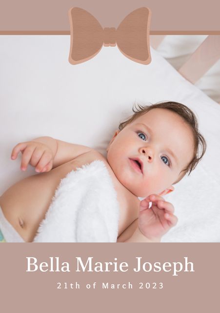 This image features a Caucasian baby wrapped in a white blanket on a beige background, personalized with text displaying 'Bella Marie Joseph' and '21th of March 2023'. Ideal for use in birth announcements, baby merchandise, nursery decorations, or parenting blogs.