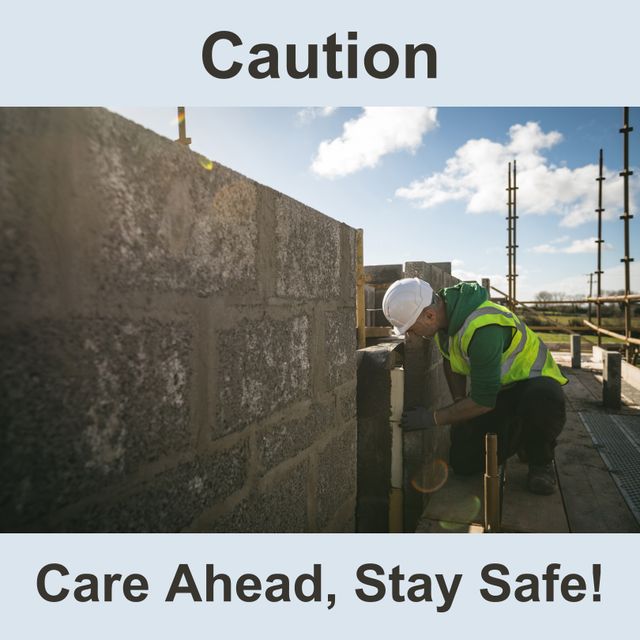 Caucasian construction worker wearing safety helmet and reflective vest, ensuring a safe and secure working environment on building site. Useful for promoting safety procedures, occupational health awareness, and safety gear usage. Ideal for training materials, safety campaign posters, and workplace safety documentation. Depicts importance of caution and adhering to safety measures.